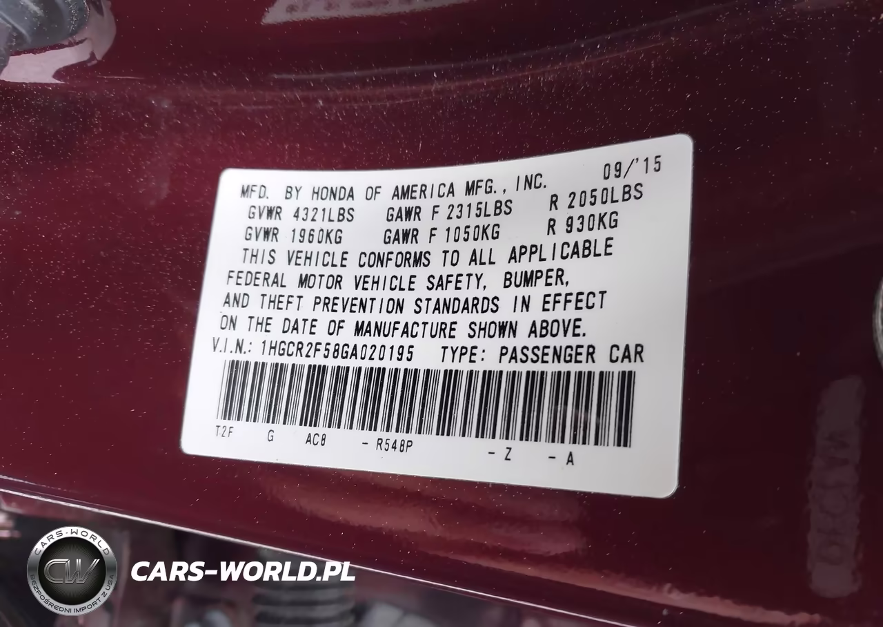 2016 Honda Accord Sport VIN:1HGCR2F58GA020195 - 9