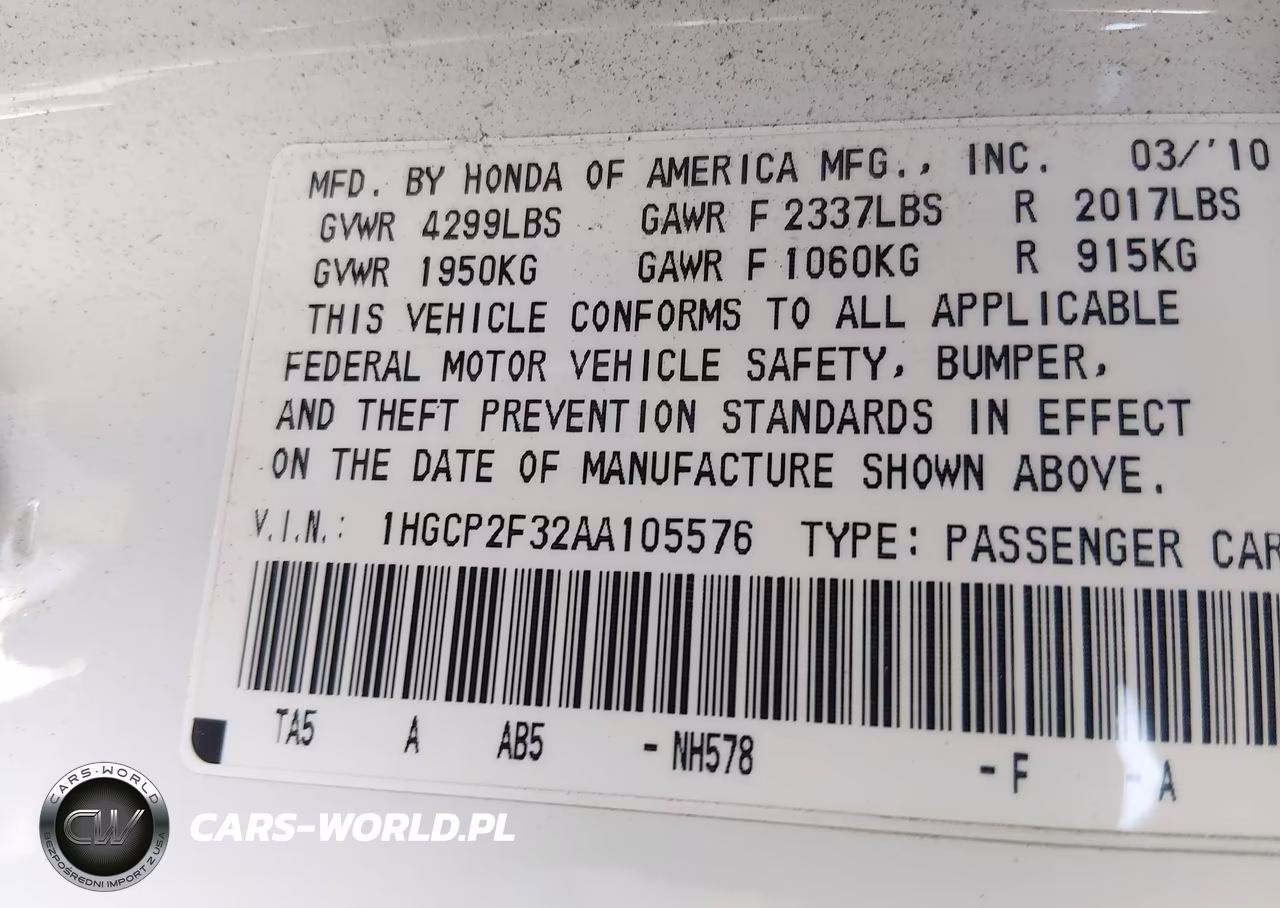 2010 Honda Accord 2.4 Lx VIN:1HGCP2F32AA105576 - 9