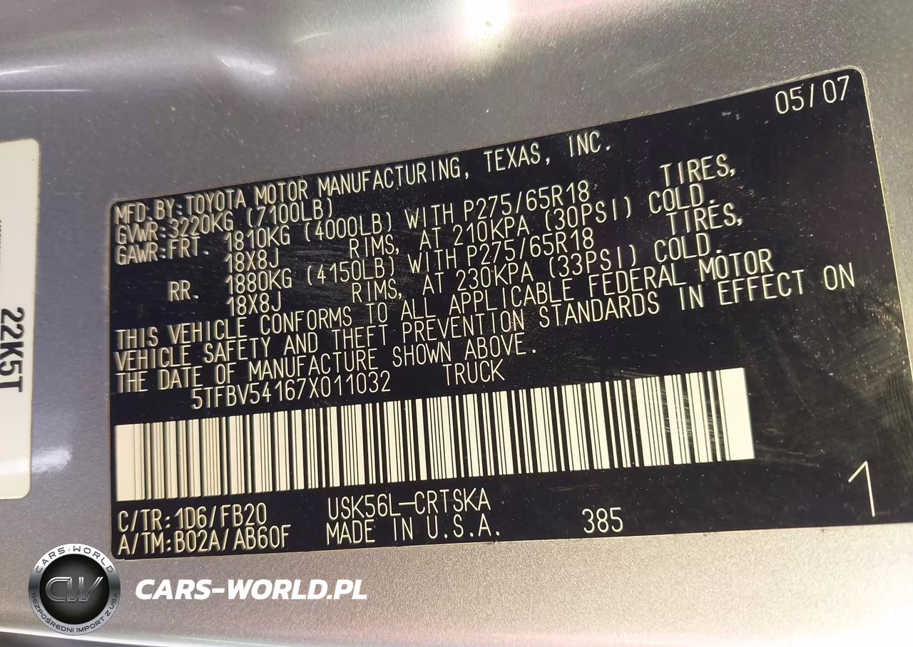 2007 Toyota Tundra Sr5 5.7L V8 VIN:5TFBV54167X011032 - 9