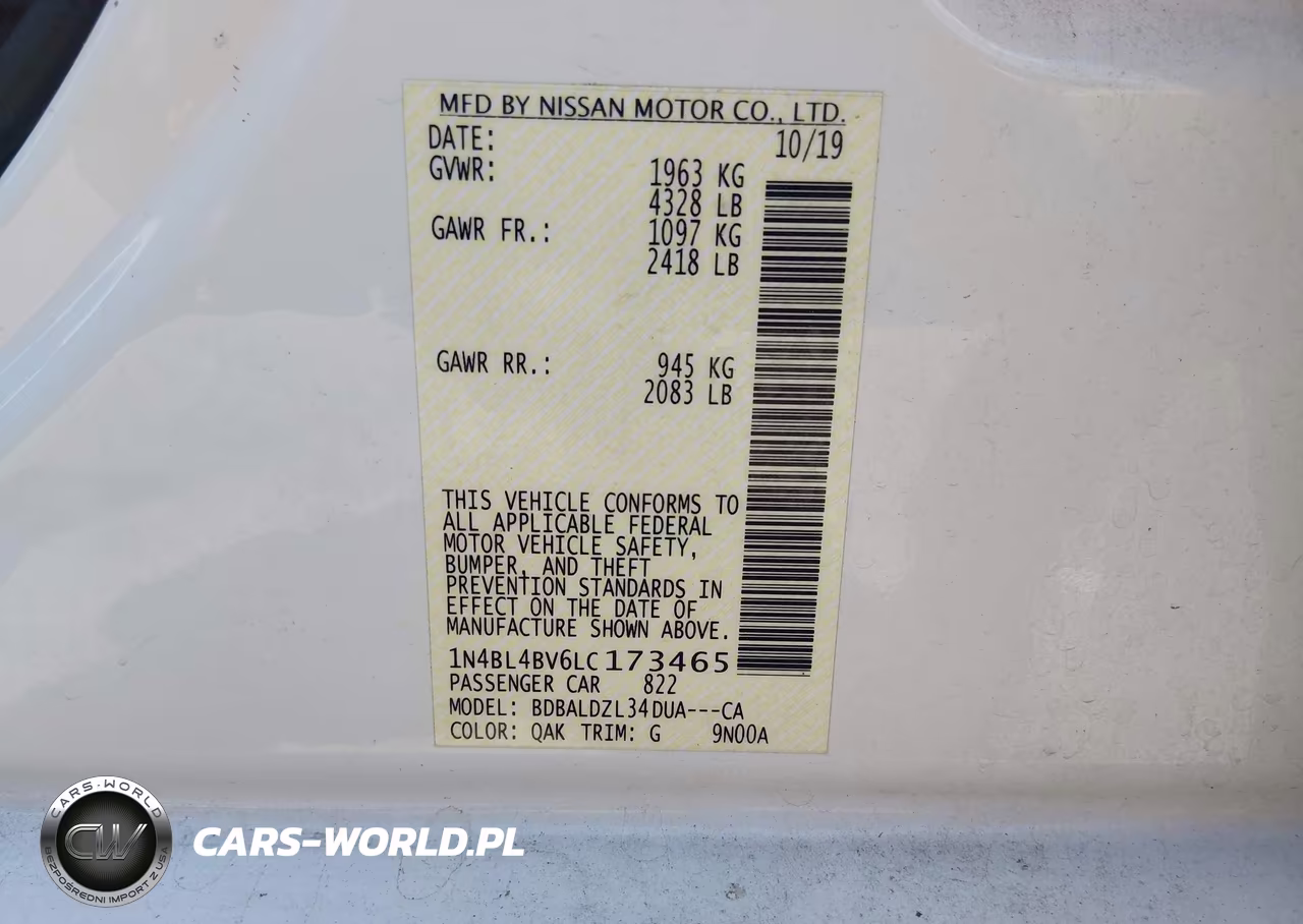 2020 Nissan Altima S Fwd VIN:1N4BL4BV6LC173465 - 9