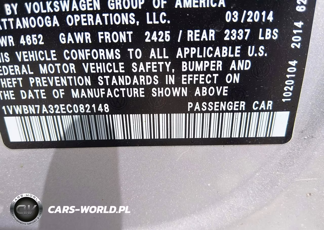 2014 Volkswagen Passat 2.0L Tdi Se VIN:1VWBN7A32EC082148 - 9