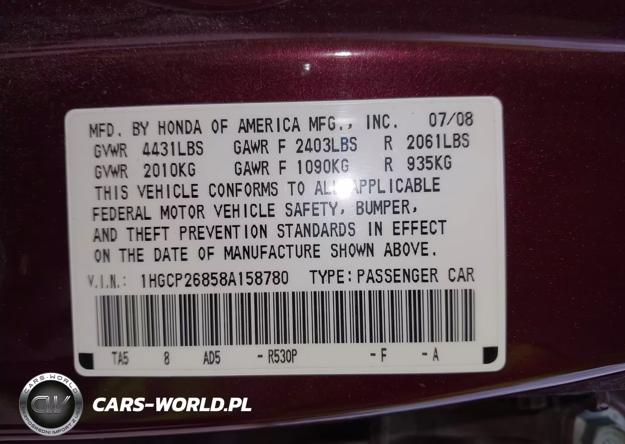 2008 Honda Accord 2.4 Ex-L VIN:1HGCP26858A158780 - 9