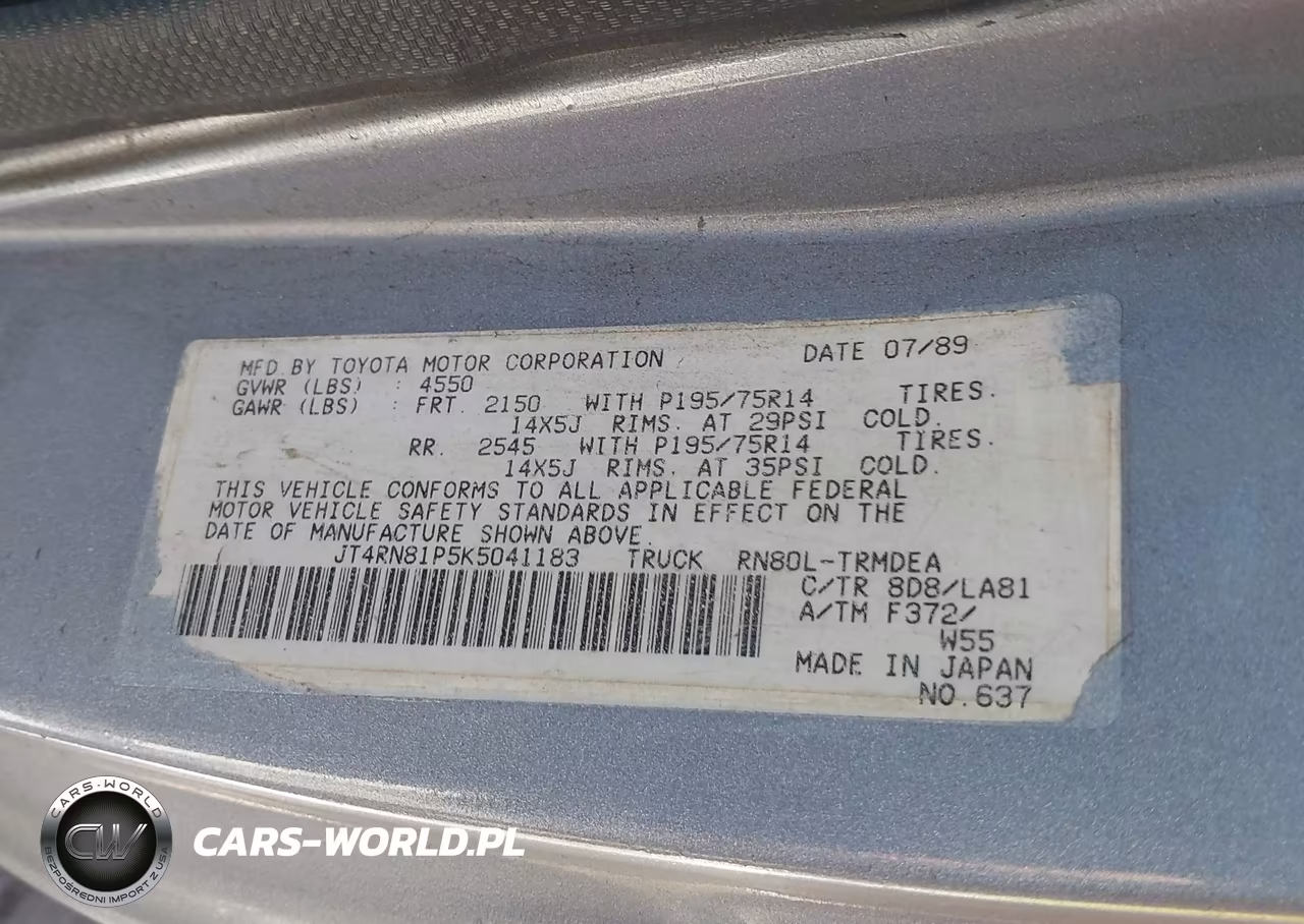 1989 Toyota Pickup 1-2 Ton Sht Wheelbase Dlx VIN:JT4RN81P5K5041183 - 9