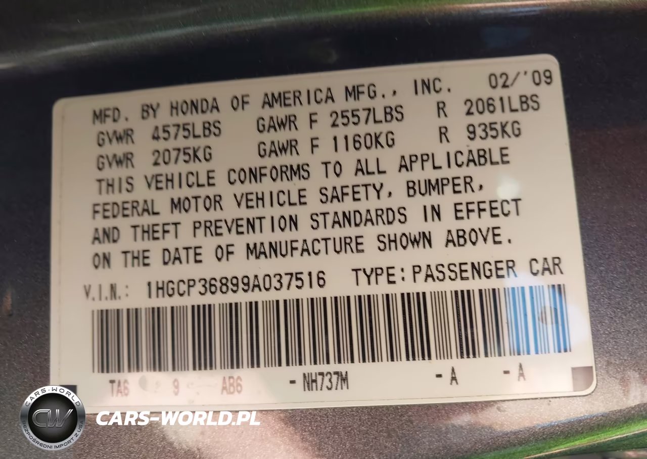 2009 Honda Accord 3.5 Ex-L VIN:1HGCP36899A037516 - 9
