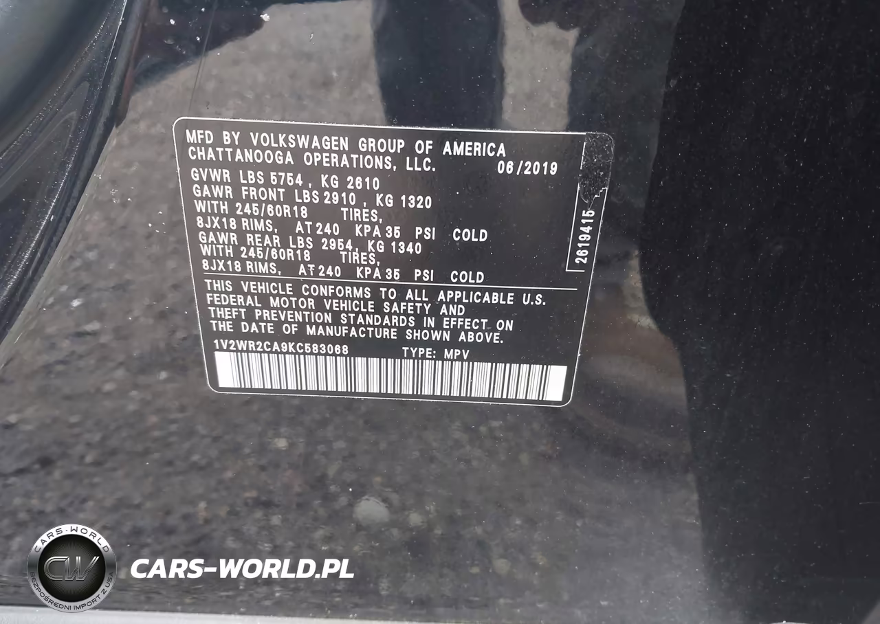 2019 Volkswagen Atlas 3.6L V6 Se W-Technology VIN:1V2WR2CA9KC583068 - 9