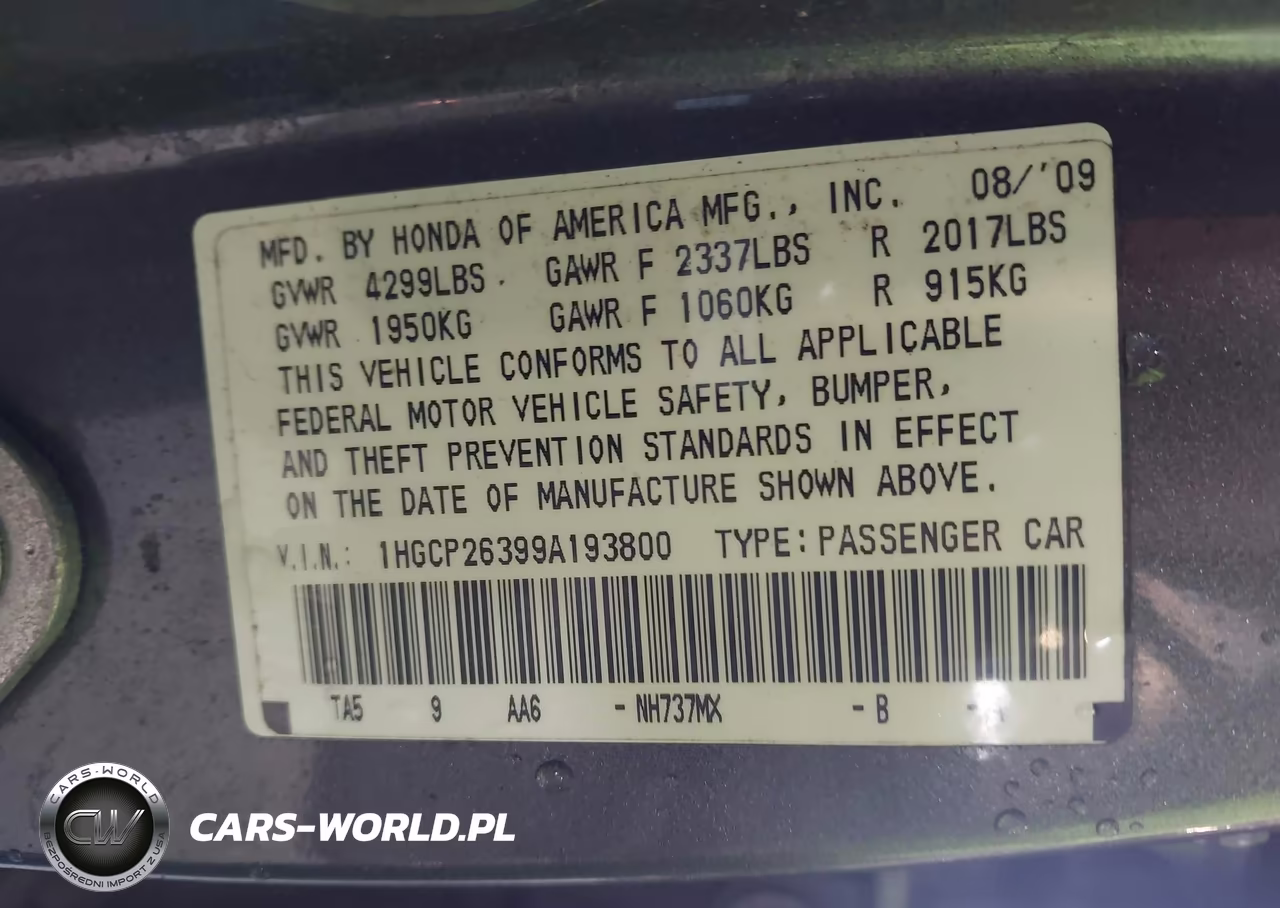 2009 Honda Accord 2.4 Lx VIN:1HGCP26399A193800 - 9