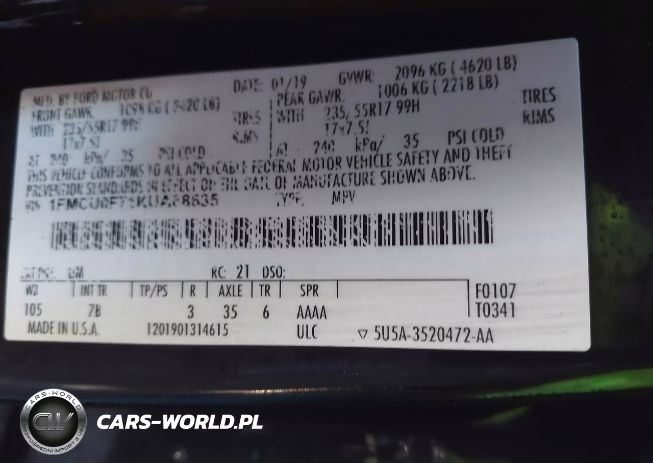 2019 Ford Escape S VIN:1FMCU0F71KUA88635 - 9