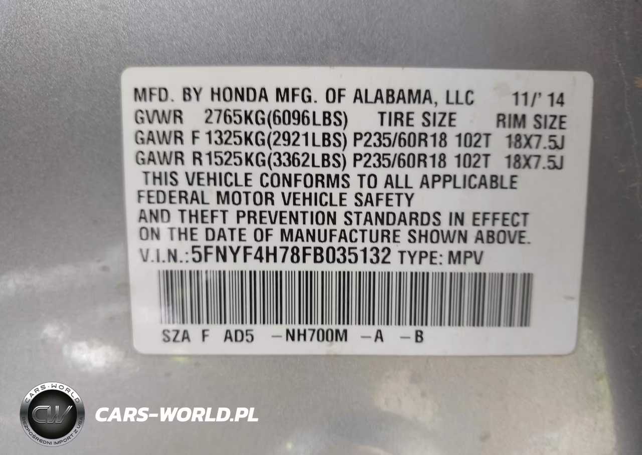 2015 Honda Pilot Ex-L VIN:5FNYF4H78FB035132 - 9