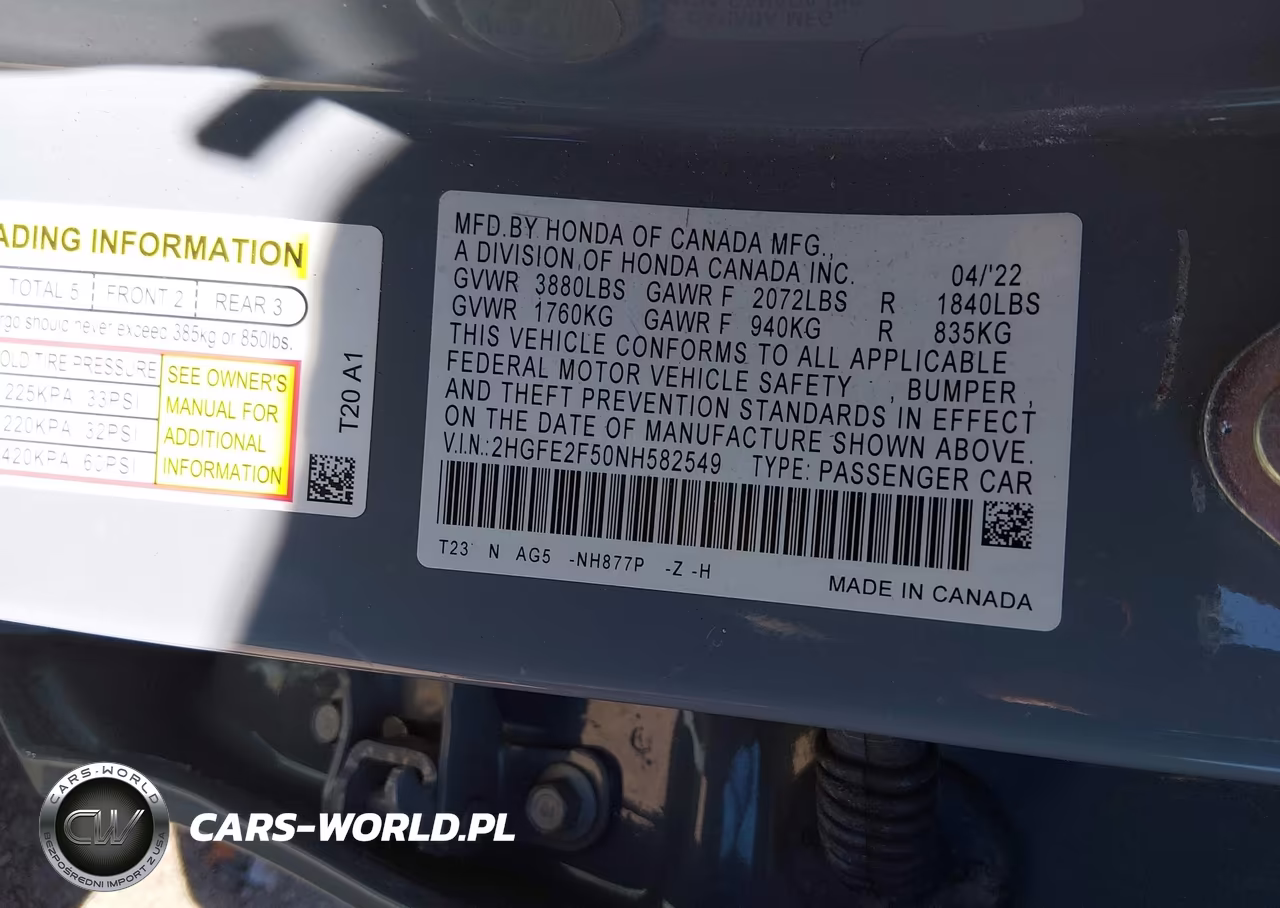 2022 Honda Civic Sport VIN:2HGFE2F50NH582549 - 9