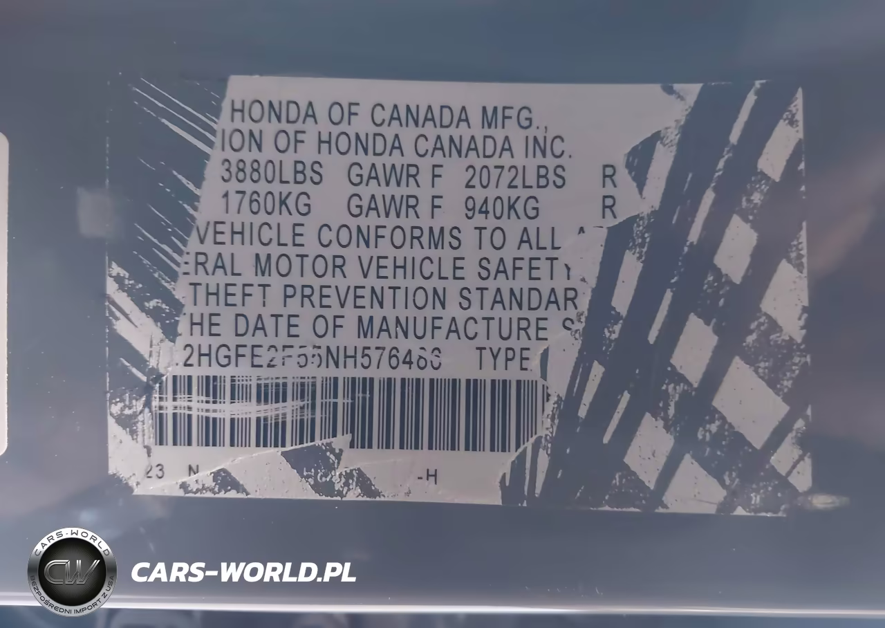 2022 Honda Civic Sport VIN:2HGFE2F55NH576486 - 9