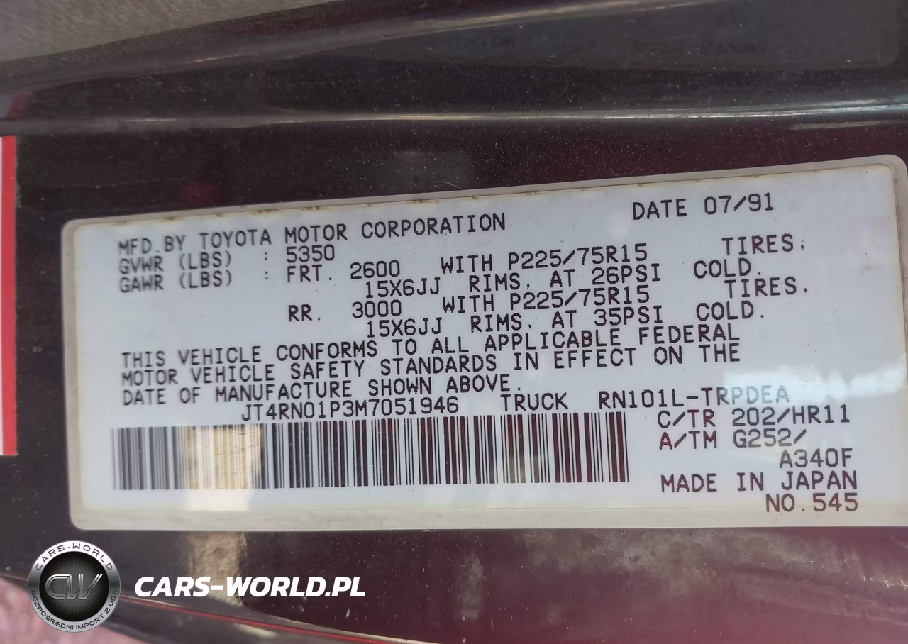 1991 Toyota Pickup 1-2 Ton Sht Wheelbase Dlx VIN:JT4RN01P3M7051946 - 9