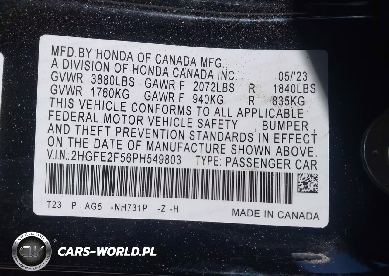 2023 Honda Civic Sport VIN:2HGFE2F56PH549803 - 9