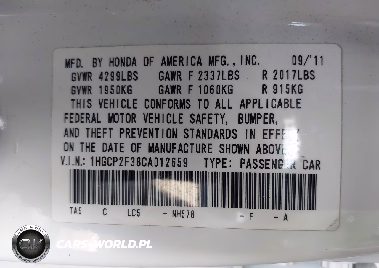 2012 Honda Accord 2.4 Lx VIN:1HGCP2F38CA012659 - 9