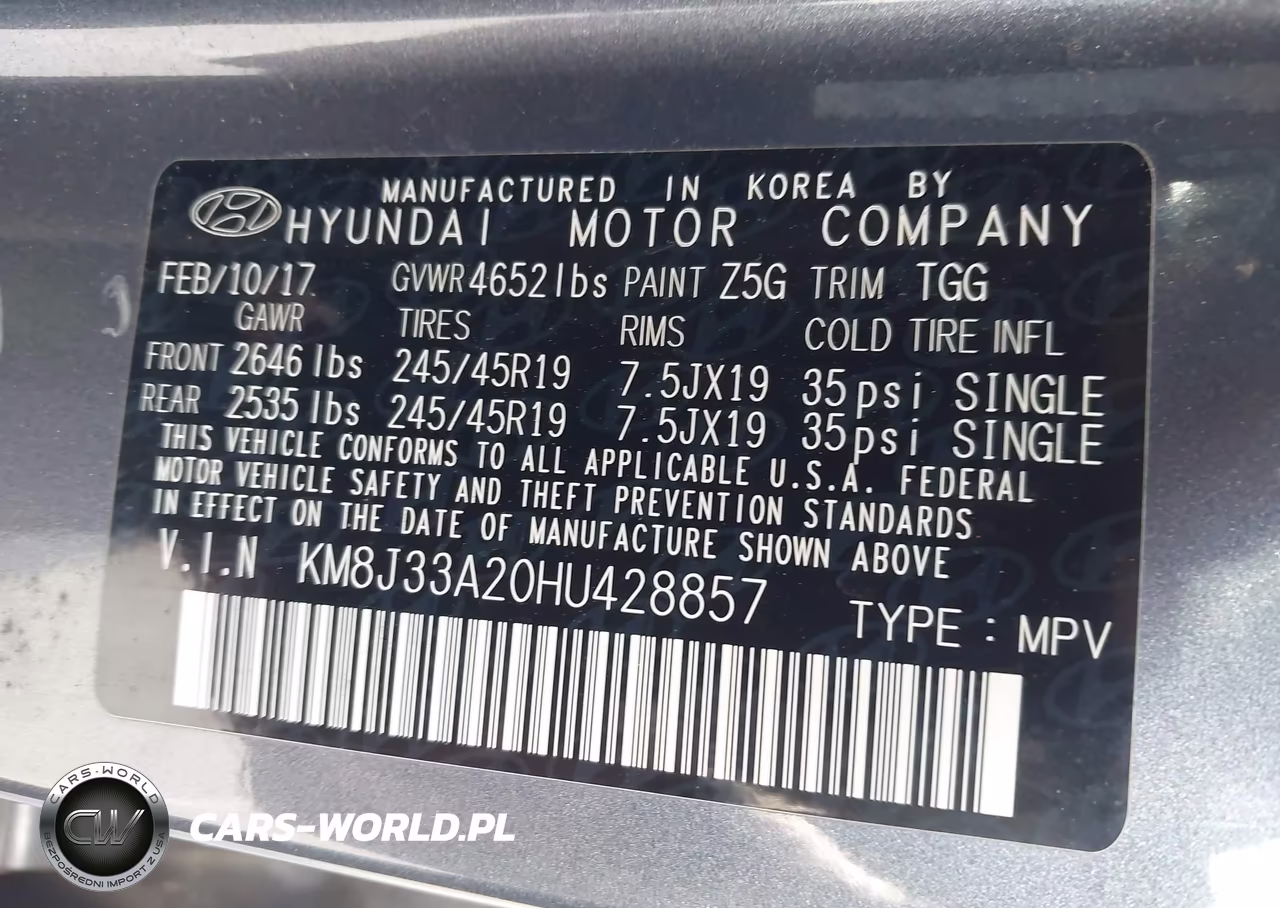 2017 Hyundai Tucson Sport VIN:KM8J33A20HU428857 - 9