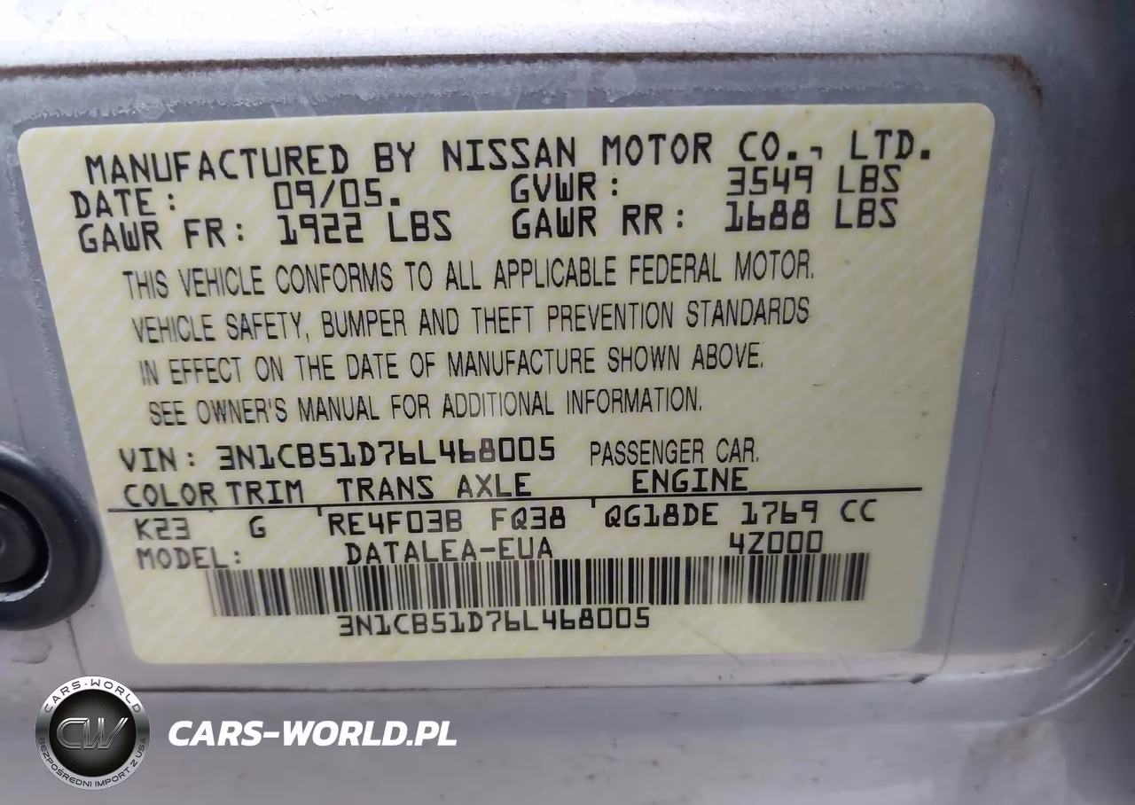 2006 Nissan Sentra 1.8S VIN:3N1CB51D76L468005 - 9