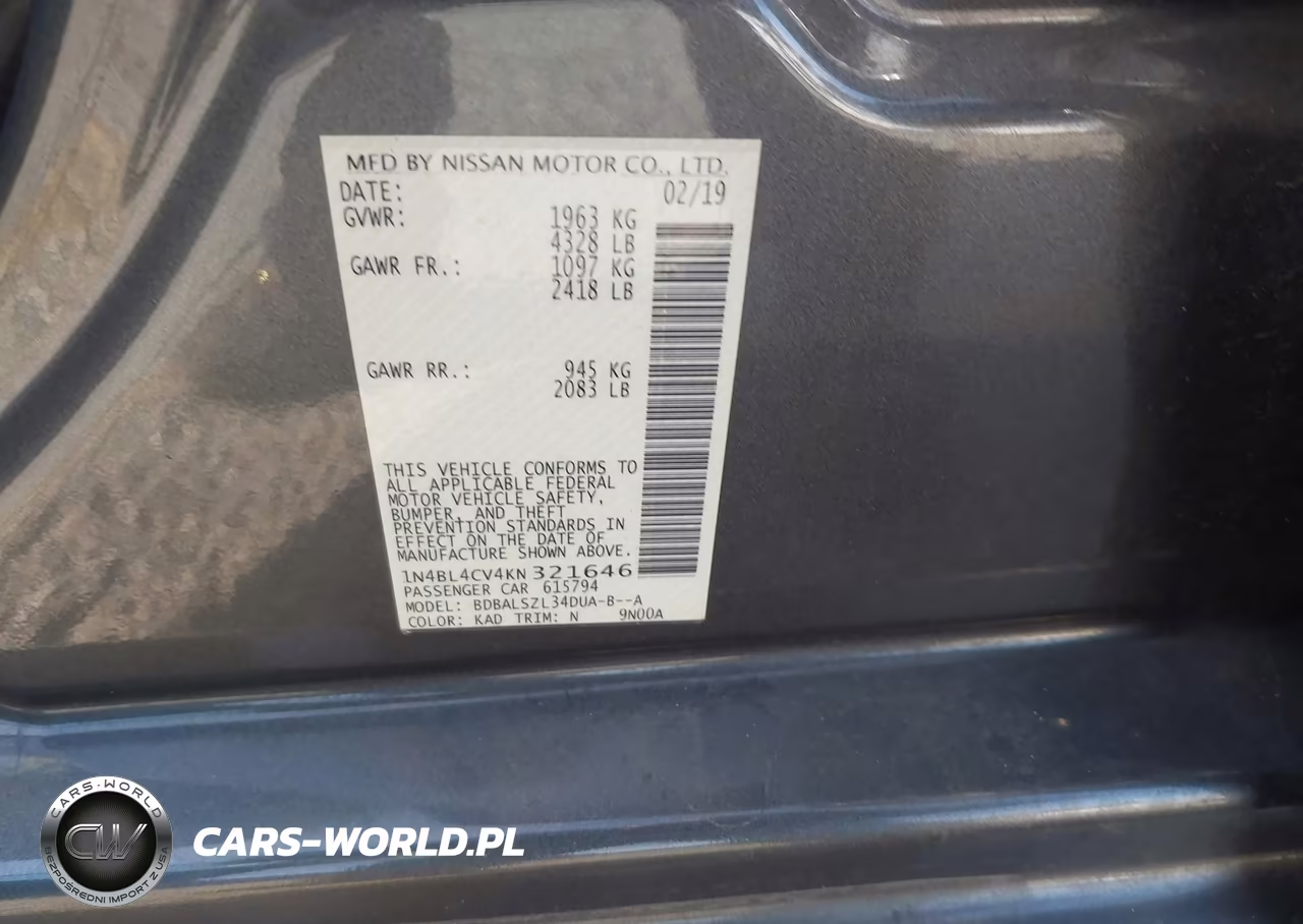 2019 Nissan Altima 2.5 Sr VIN:1N4BL4CV4KN321646 - 9