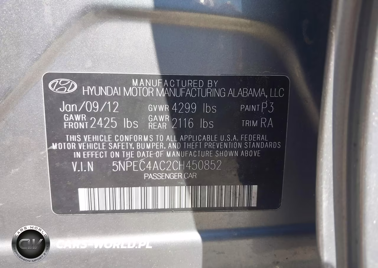 2012 Hyundai Sonata Se VIN:5NPEC4AC2CH450852 - 9