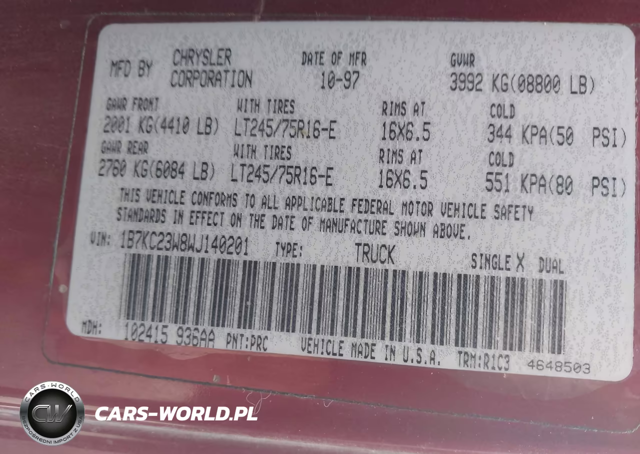 1998 Dodge Ram 2500 St VIN:1B7KC23W8WJ140201 - 9