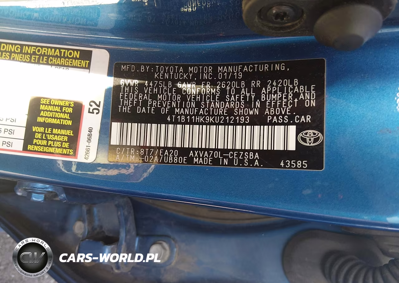2019 Toyota Camry Se VIN:4T1B11HK9KU212193 - 9