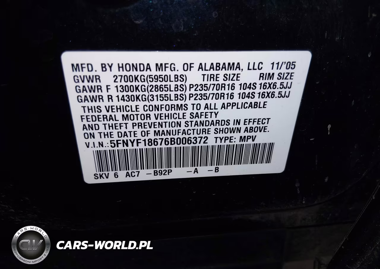 2006 Honda Pilot Ex-L VIN:5FNYF18676B006372 - 9