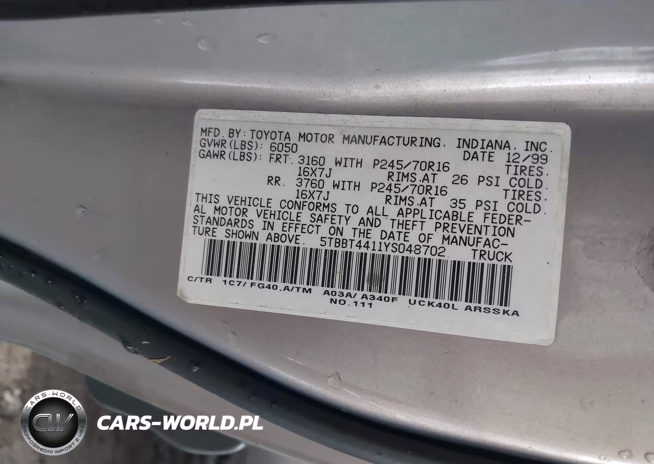 2000 Toyota Tundra Sr5 V8 VIN:5TBBT4411YS048702 - 9