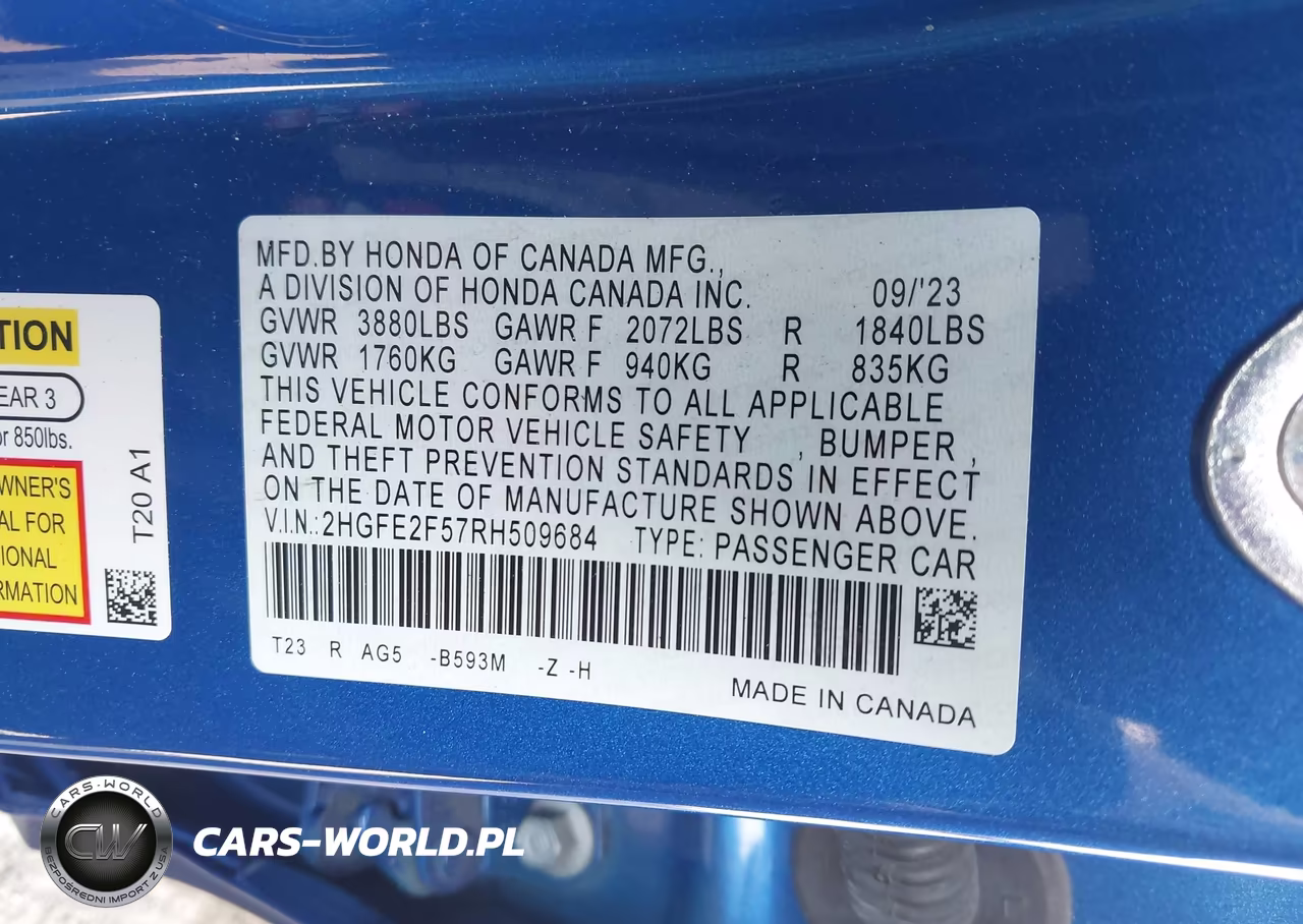 2024 Honda Civic Sport VIN:2HGFE2F57RH509684 - 9