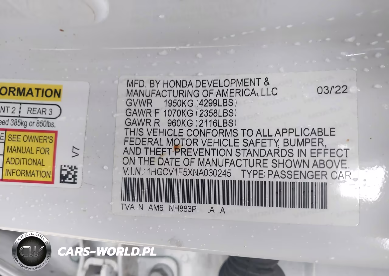 2022 Honda Accord Ex-L VIN:1HGCV1F5XNA030245 - 9