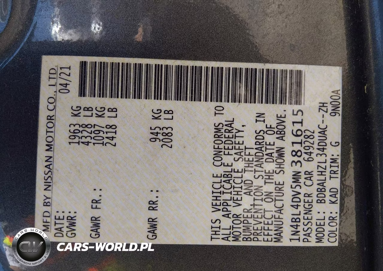 2021 Nissan Altima Sv Fwd VIN:1N4BL4DV5MN381615 - 9