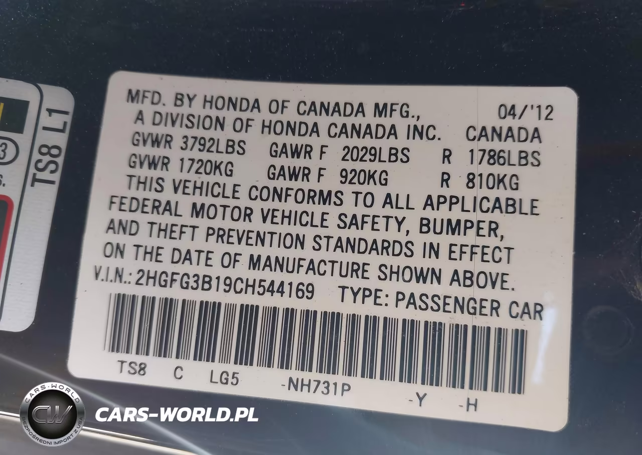 2012 Honda Civic Ex-L VIN:2HGFG3B19CH544169 - 9