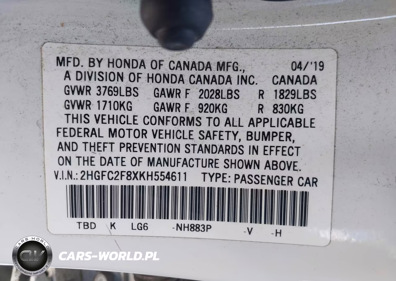 2019 Honda Civic Sport VIN:2HGFC2F8XKH554611 - 9