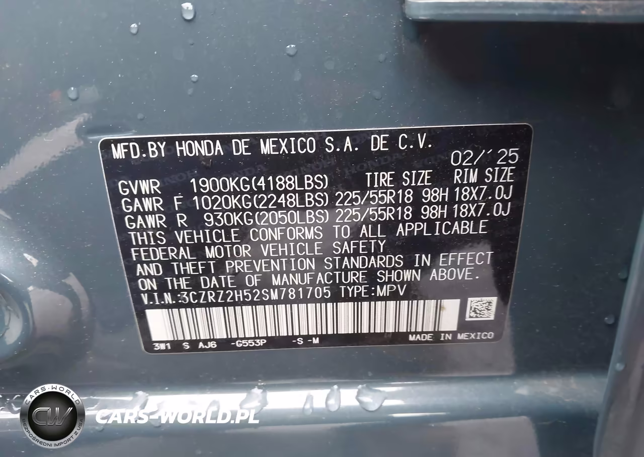 2025 Honda Hr-V Awd Sport VIN:3CZRZ2H52SM781705 - 9