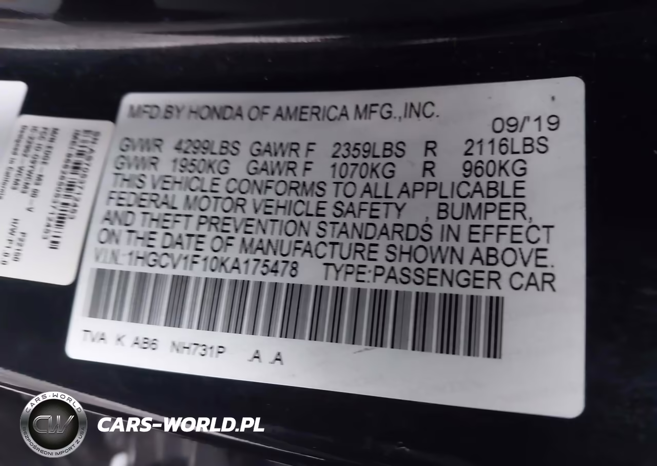 2019 Honda Accord Lx VIN:1HGCV1F10KA175478 - 9