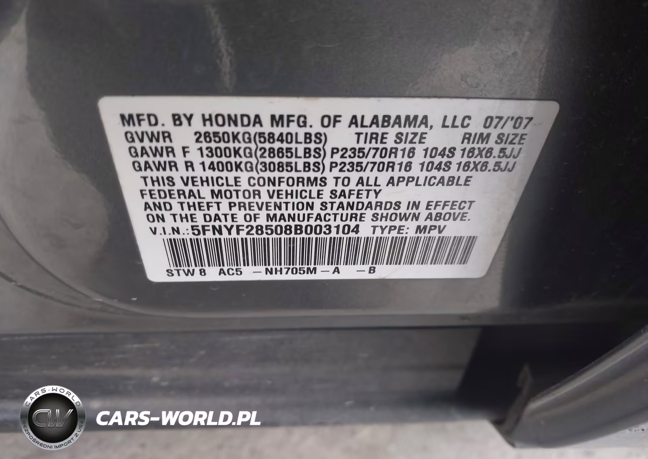 2008 Honda Pilot Ex-L VIN:5FNYF28508B003104 - 9