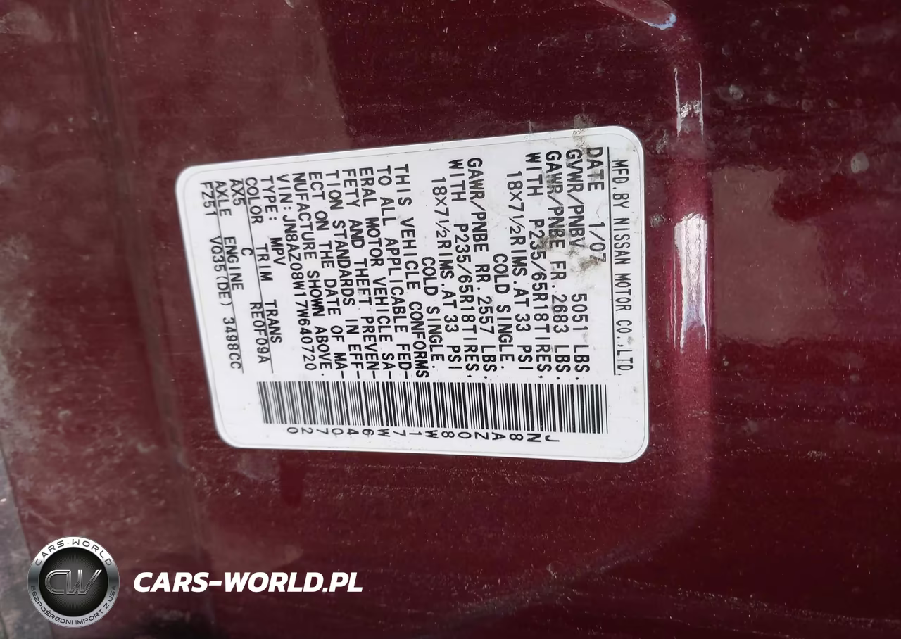 2007 Nissan Murano Sl VIN:JN8AZ08W17W640720 - 9