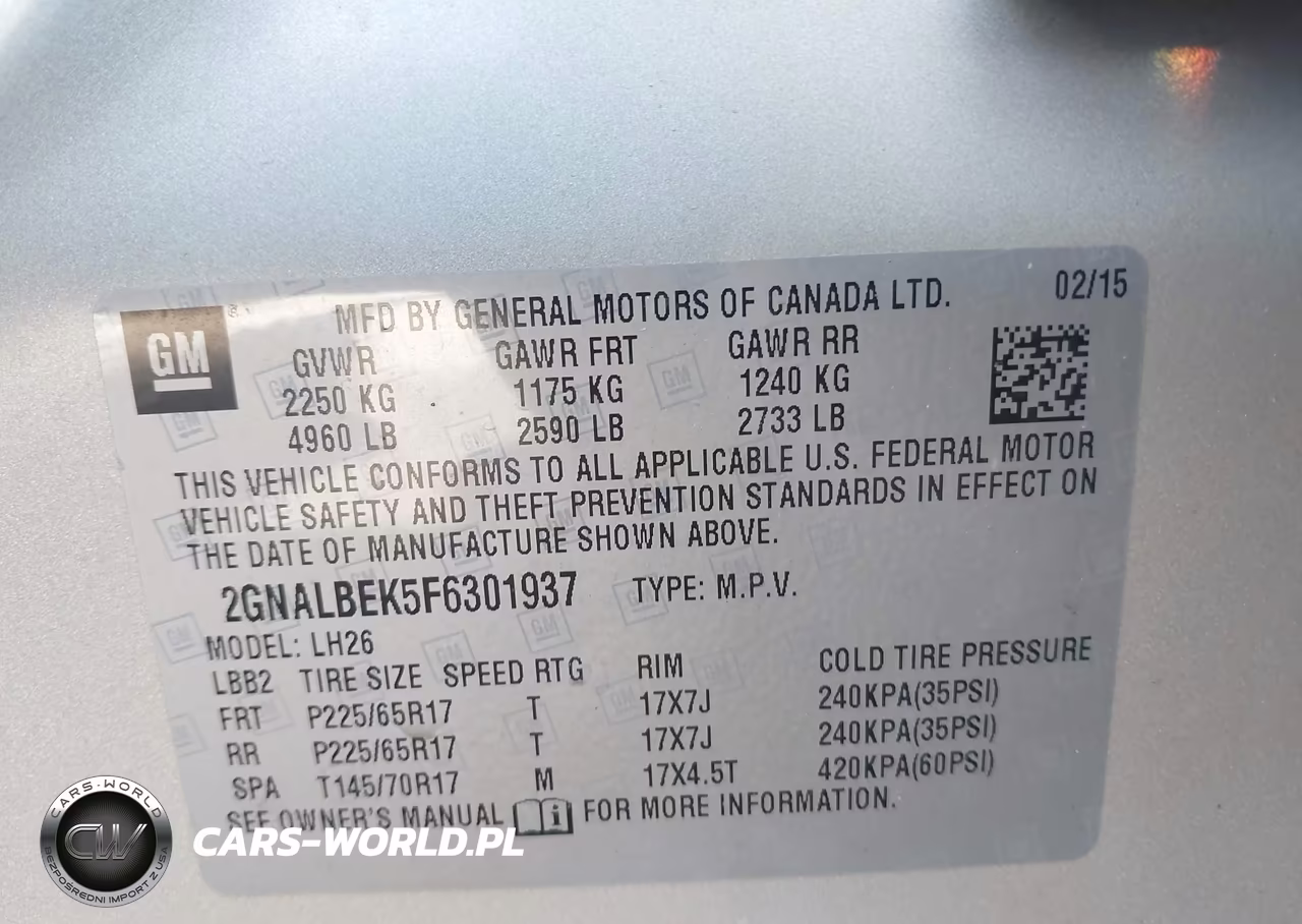 2015 Chevrolet Equinox 1Lt VIN:2GNALBEK5F6301937 - 9