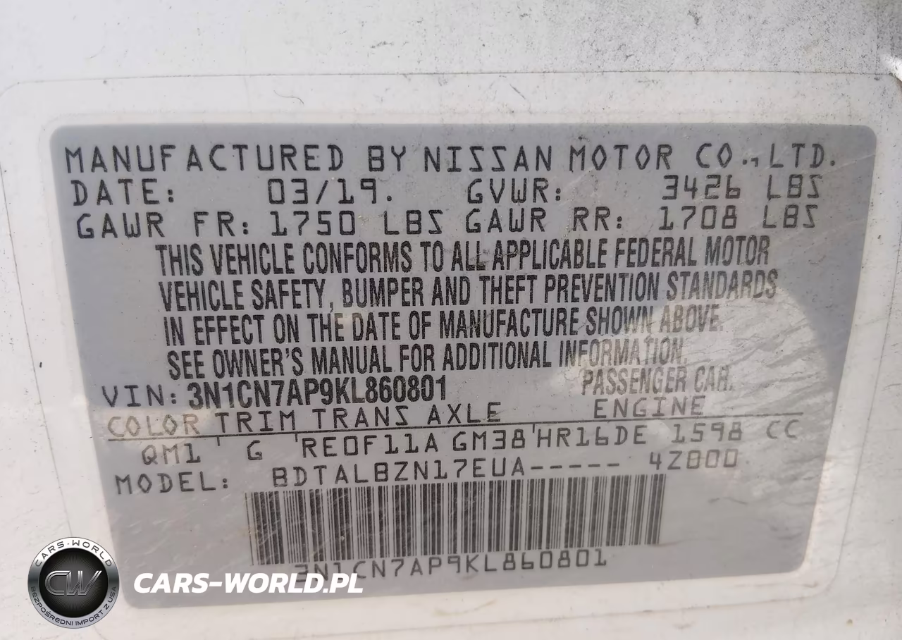 2019 Nissan Versa 1.6 Sv VIN:3N1CN7AP9KL860801 - 9