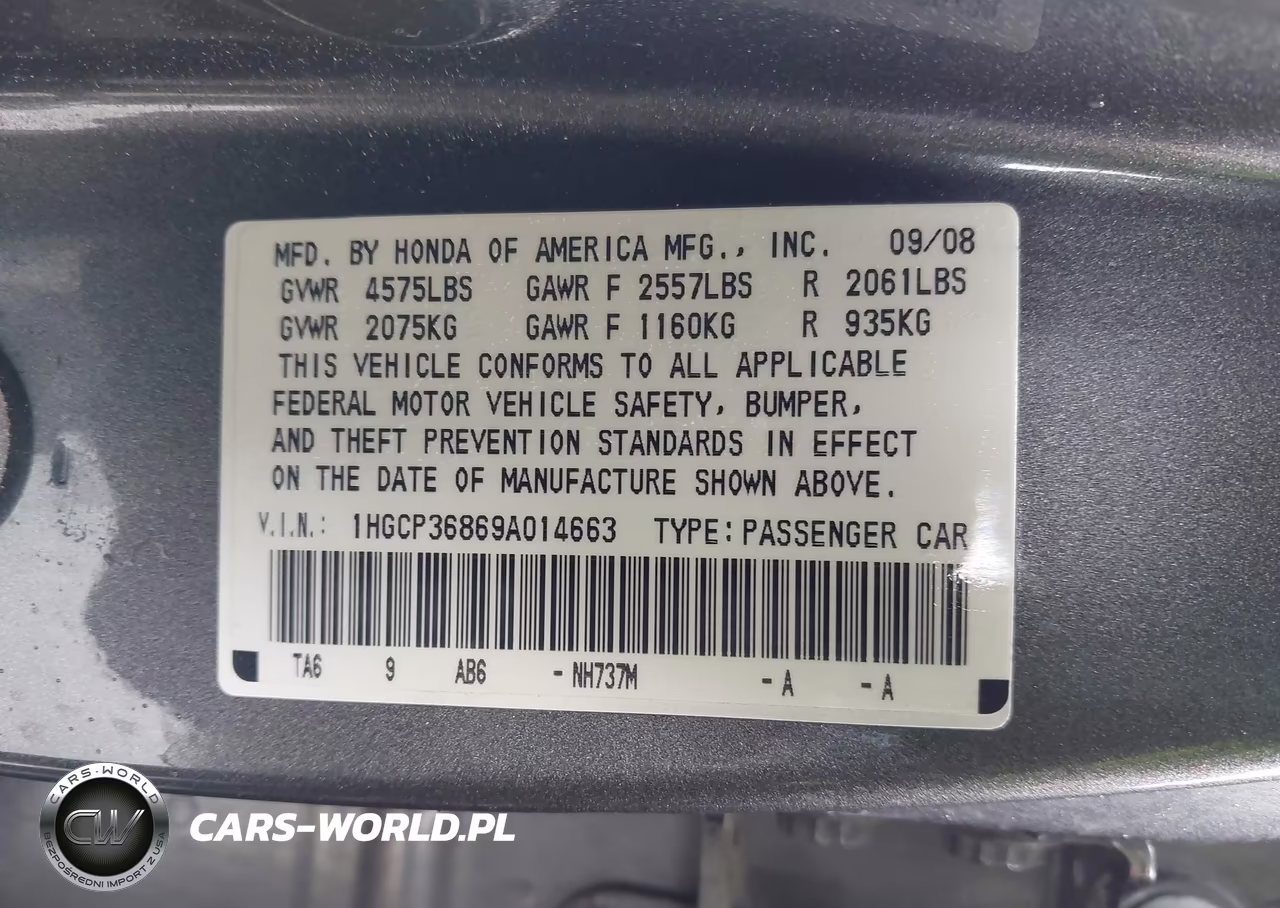2009 Honda Accord 3.5 Ex-L VIN:1HGCP36869A014663 - 9