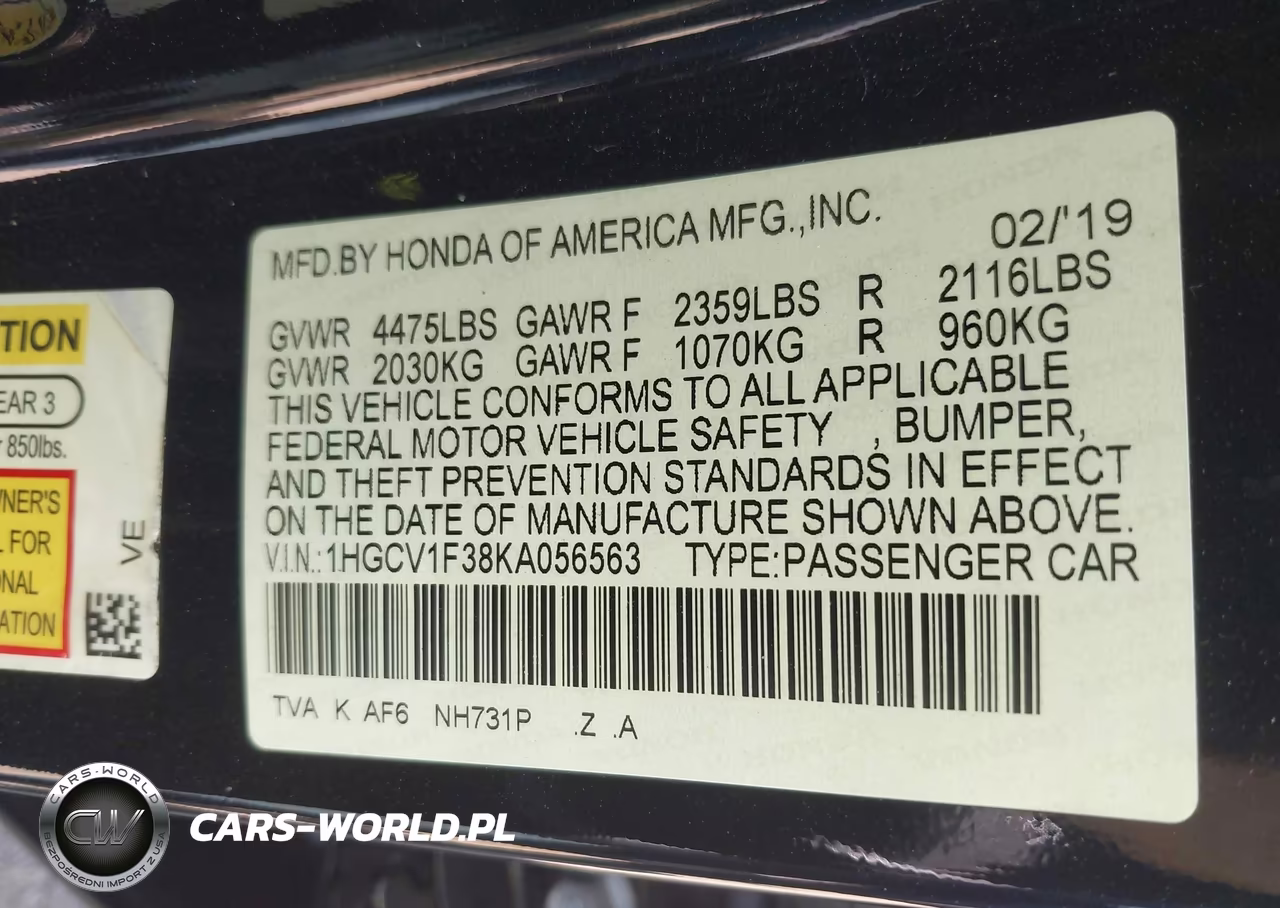 2019 Honda Accord Sport VIN:1HGCV1F38KA056563 - 9