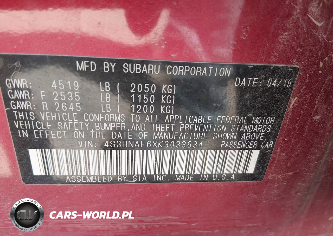 2019 Subaru Legacy 2.5I Premium VIN:4S3BNAF6XK3033634 - 9
