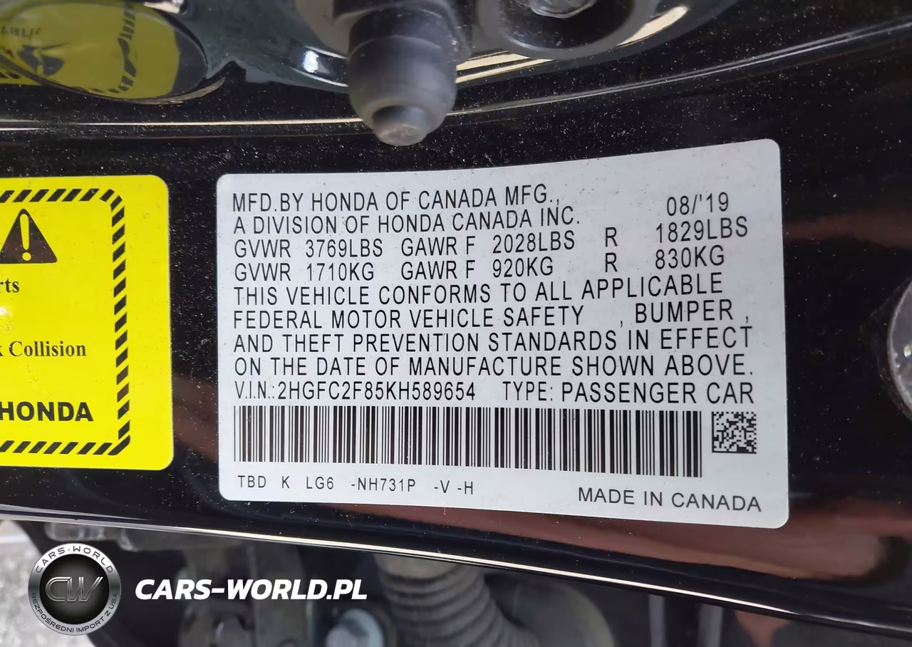 2019 Honda Civic Sport VIN:2HGFC2F85KH589654 - 9