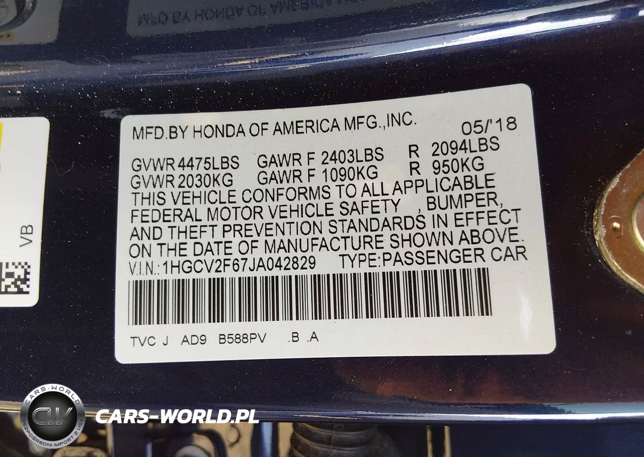 2018 Honda Accord Ex-L 2.0T VIN:1HGCV2F67JA042829 - 9