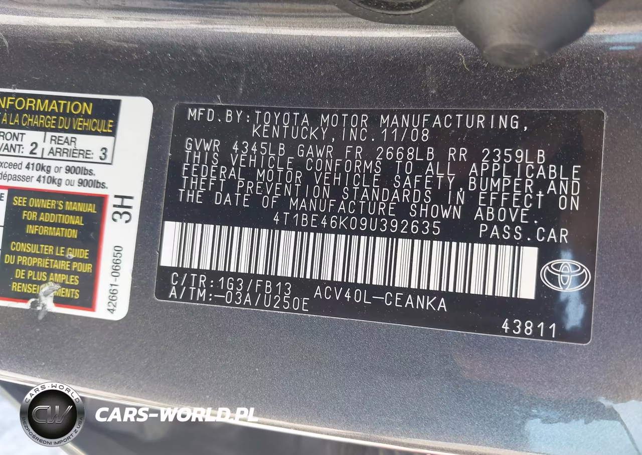 2009 Toyota Camry Le VIN:4T1BE46K09U392635 - 9