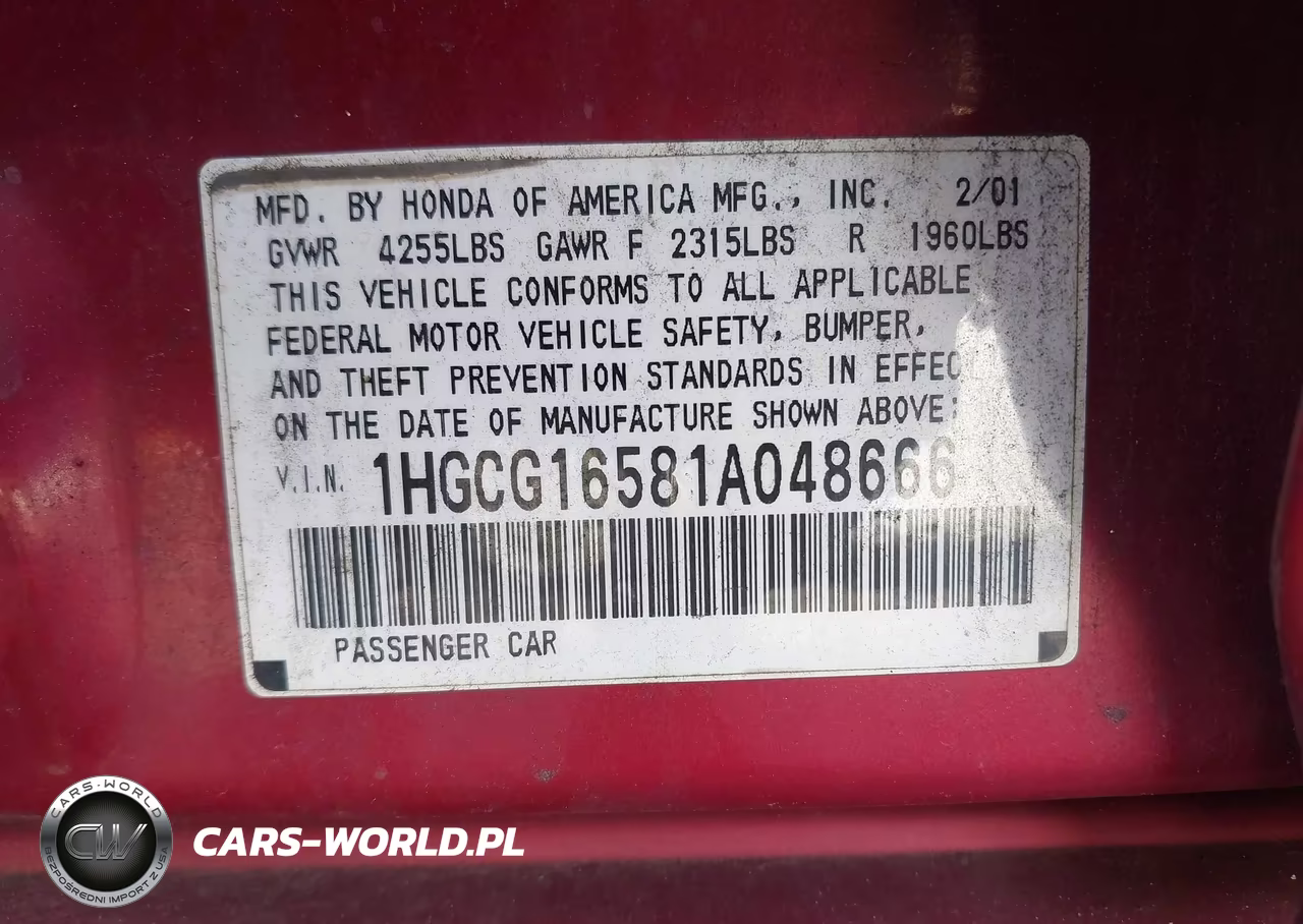 2001 Honda Accord 3.0 Ex VIN:1HGCG16581A048666 - 9