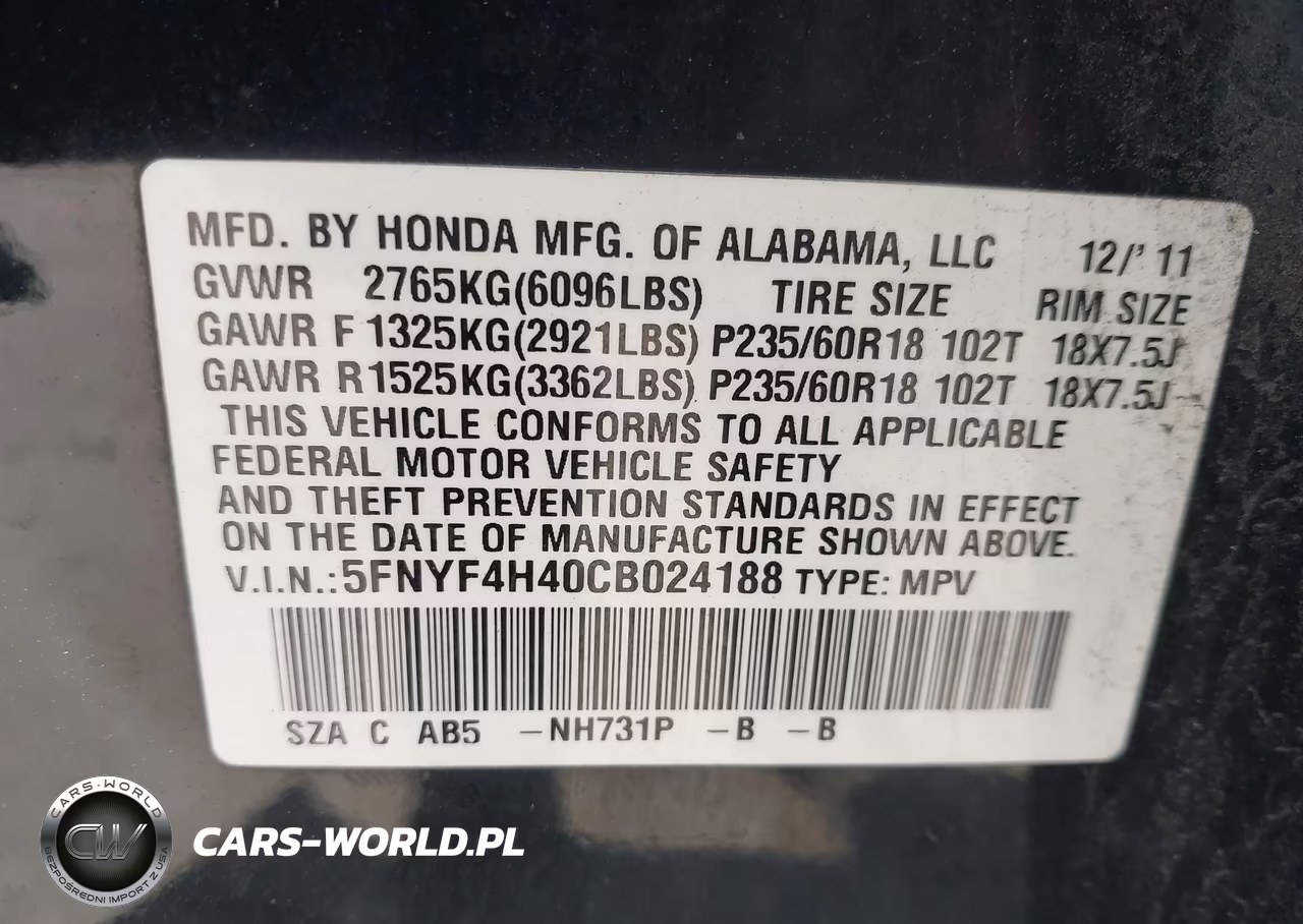 2012 Honda Pilot Ex VIN:5FNYF4H40CB024188 - 9