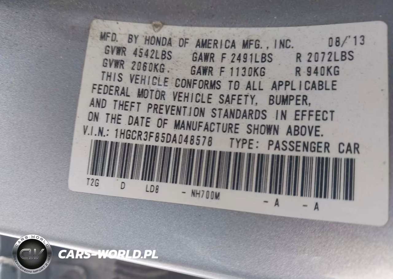 2013 Honda Accord Ex-L V-6 VIN:1HGCR3F85DA048578 - 9