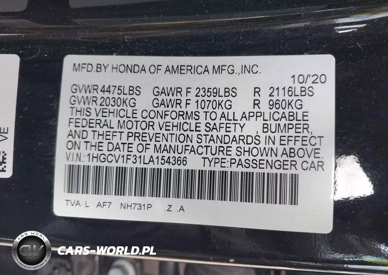 2020 Honda Accord Sport VIN:1HGCV1F31LA154366 - 9