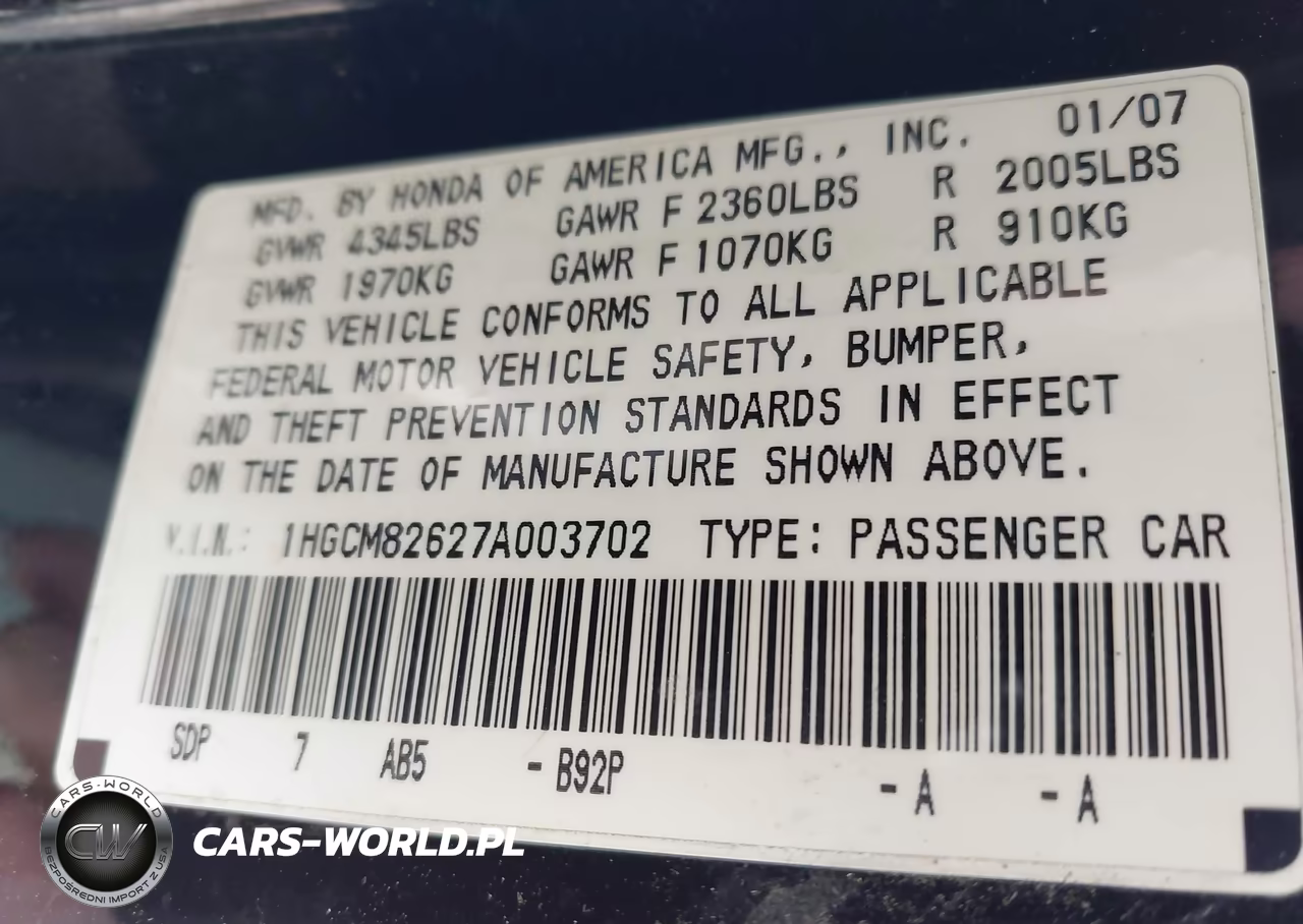 2007 Honda Accord 3.0 Ex VIN:1HGCM82627A003702 - 9