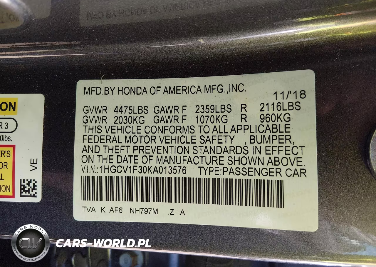 2019 Honda Accord Sport VIN:1HGCV1F30KA013576 - 9