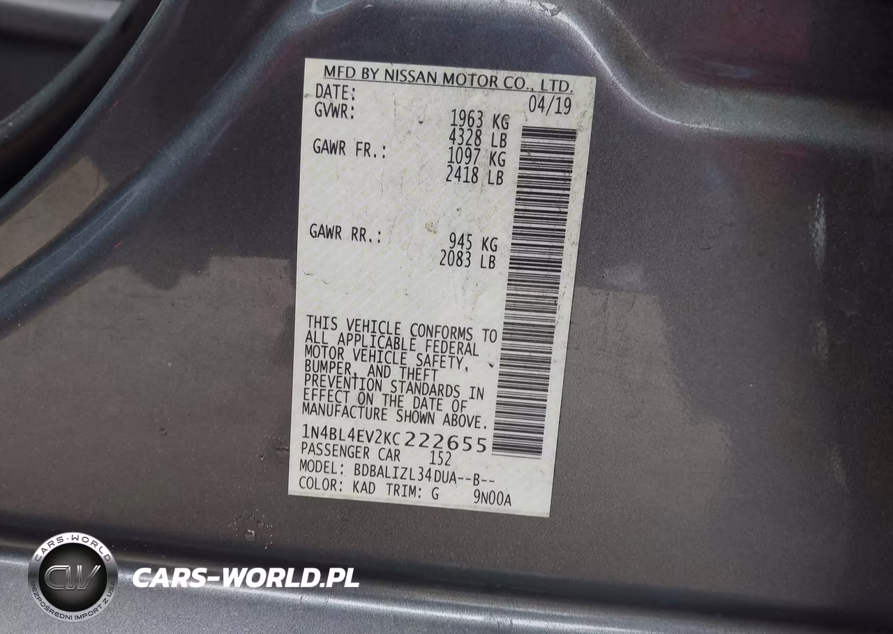 2019 Nissan Altima 2.5 Sl VIN:1N4BL4EV2KC222655 - 9