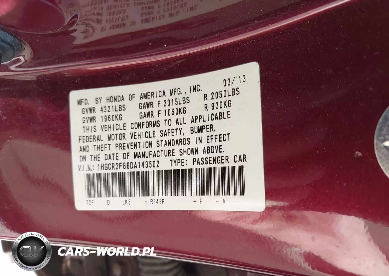 2013 Honda Accord Ex-L VIN:1HGCR2F86DA143502 - 9